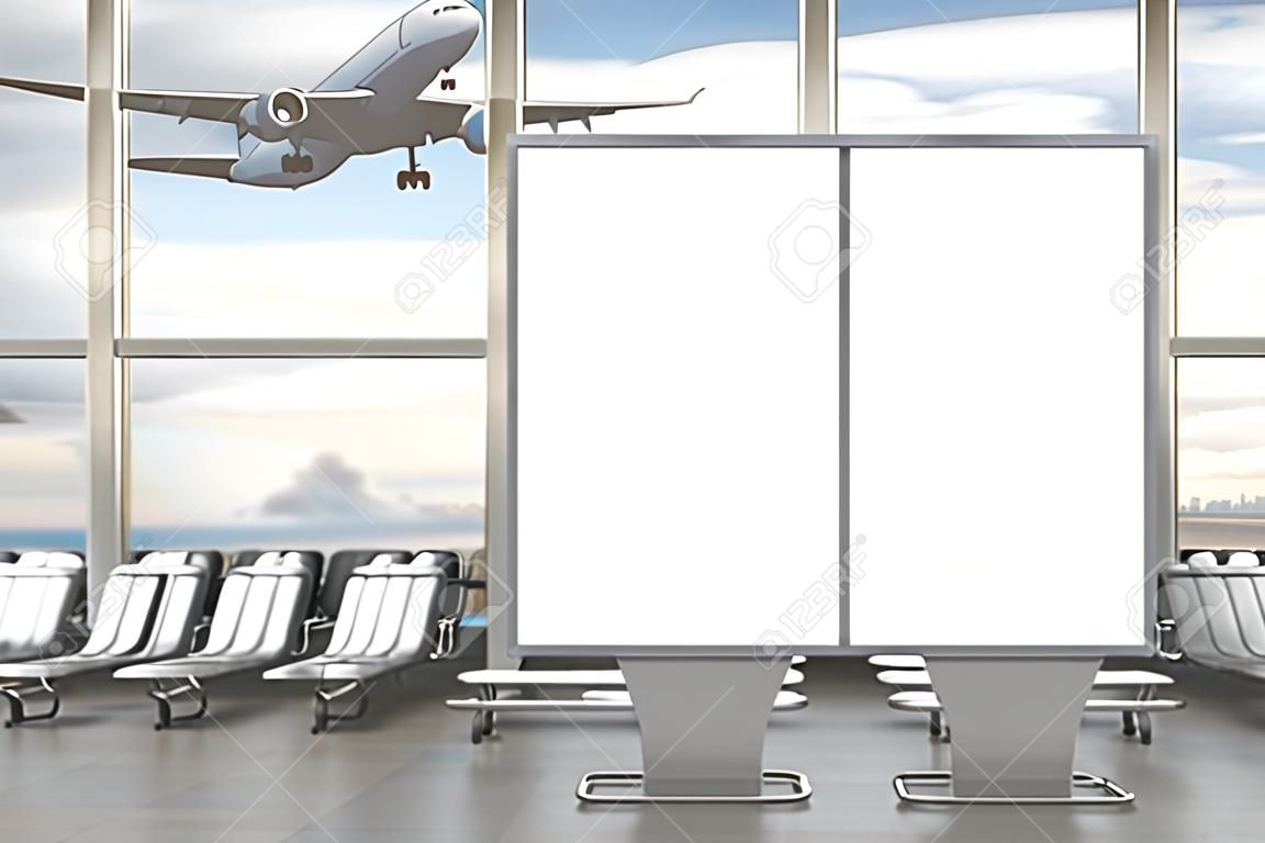 Repülőtér indulási társalgó. Üres vízszintes óriásplakát állvány és repülőgép a háttérben. Tartalmazza a reklámplakát körüli vágógörbét. 3D-s illusztráció