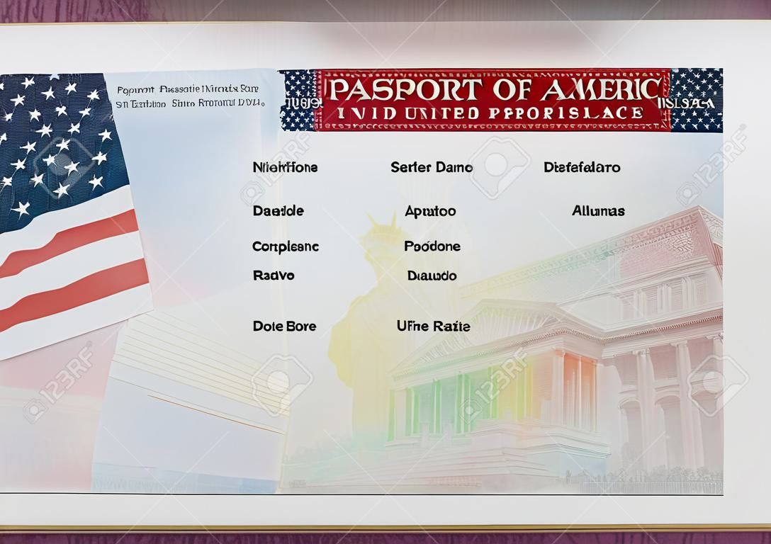 パスポートのページに空白のアメリカのビザ。アメリカ合衆国の州を入力する空のビザ