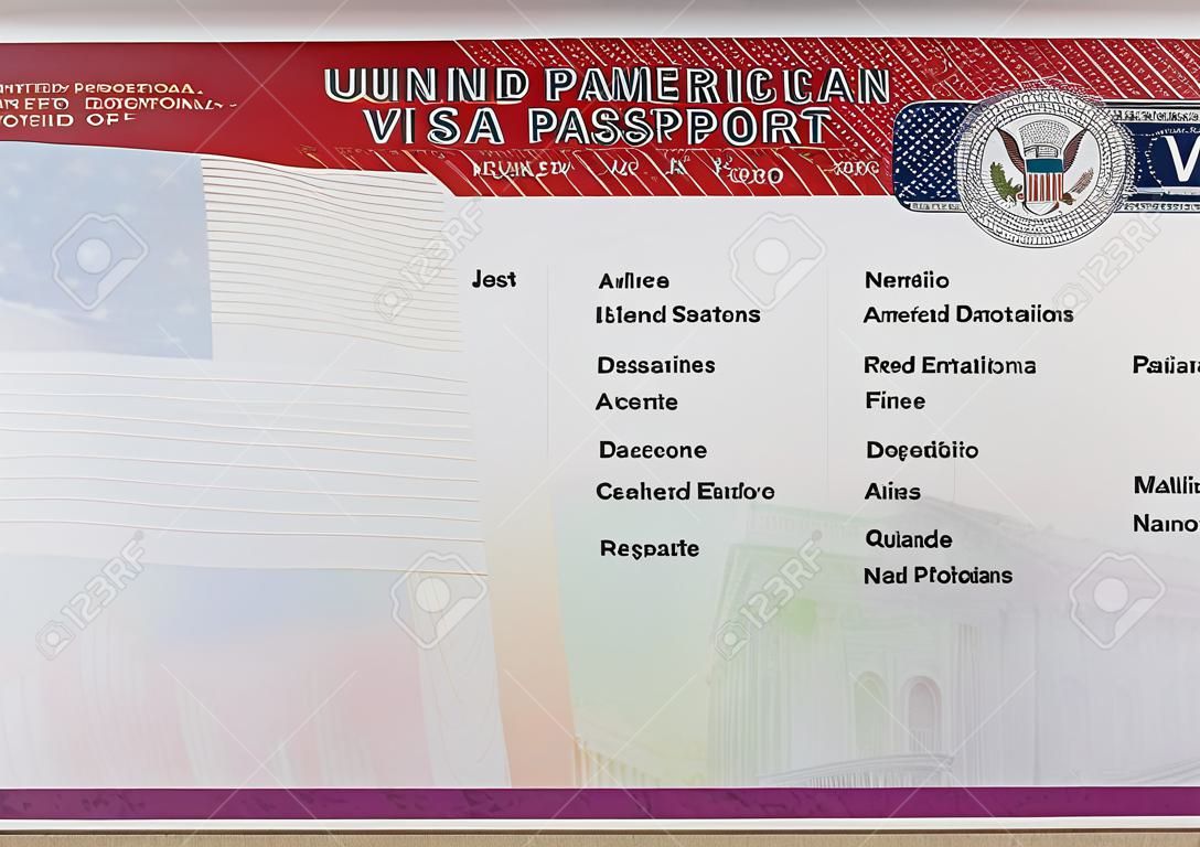 Visa americana en blanco en la página del pasaporte. Visa vacía para ingresar al estado de los Estados Unidos de América