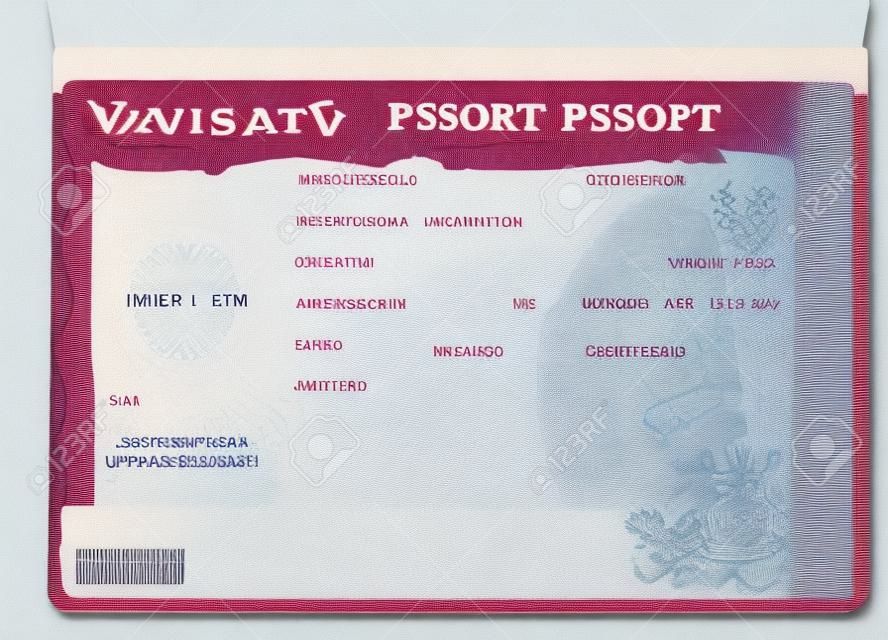 Visa americana en blanco en la página del pasaporte. Visa vacía para ingresar al estado de los Estados Unidos de América