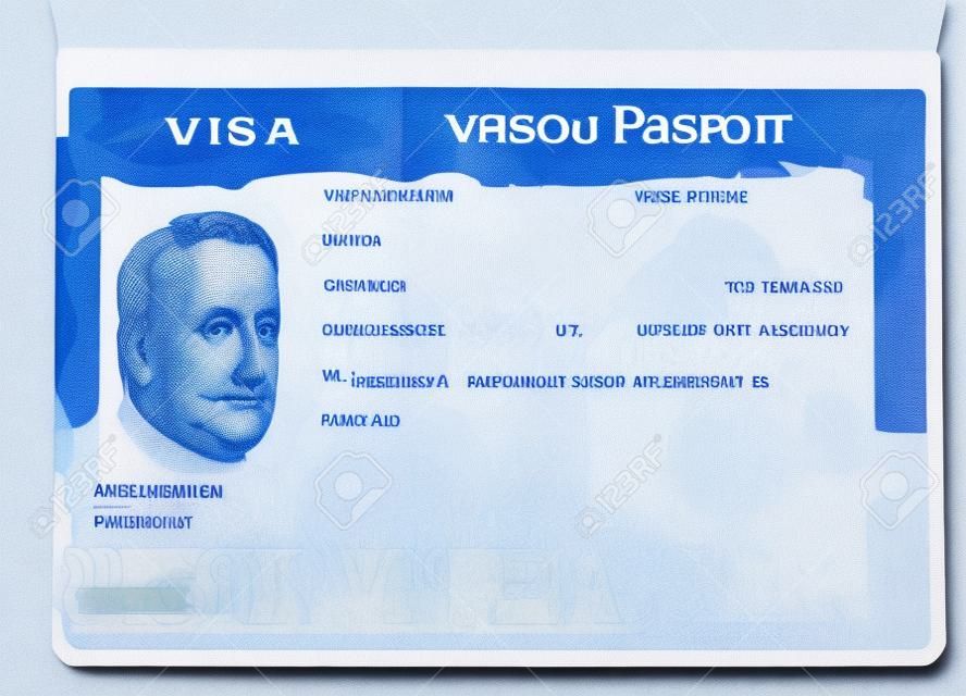 パスポートのページに空白のアメリカのビザ。アメリカ合衆国の州を入力する空のビザ