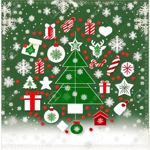 Weinleseweihnachtsgrußkarte, Icons und Symbole, Weihnachtsbaum, Schneeflocken, Geschenk-Box, weihnachts Elemente Vektor Hintergrund