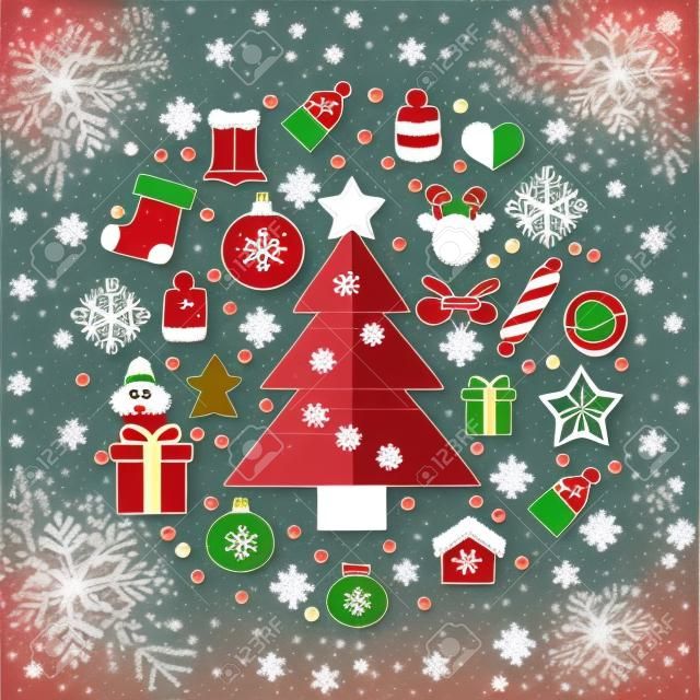 Weinleseweihnachtsgrußkarte, Icons und Symbole, Weihnachtsbaum, Schneeflocken, Geschenk-Box, weihnachts Elemente Vektor Hintergrund