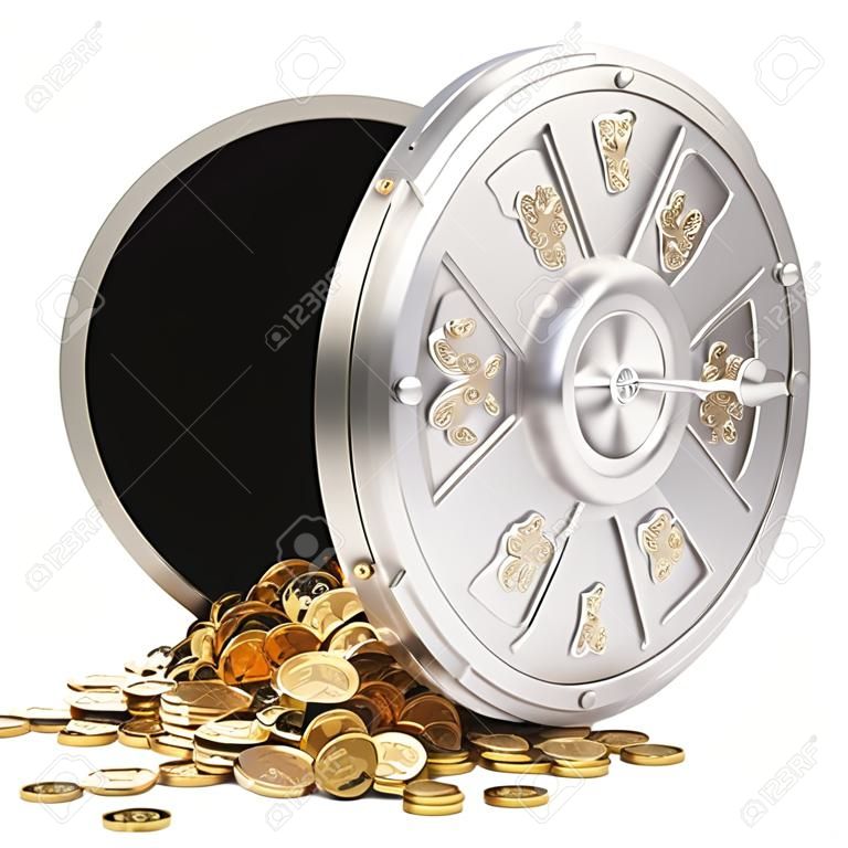 abrir una bóveda de un banco con un montón de monedas de oro. aislado en blanco.