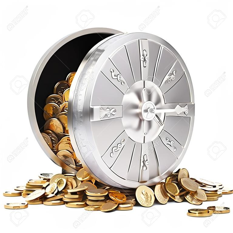 öffnen Sie einen Banktresor mit einem Haufen Goldmünzen. isoliert auf weiß.