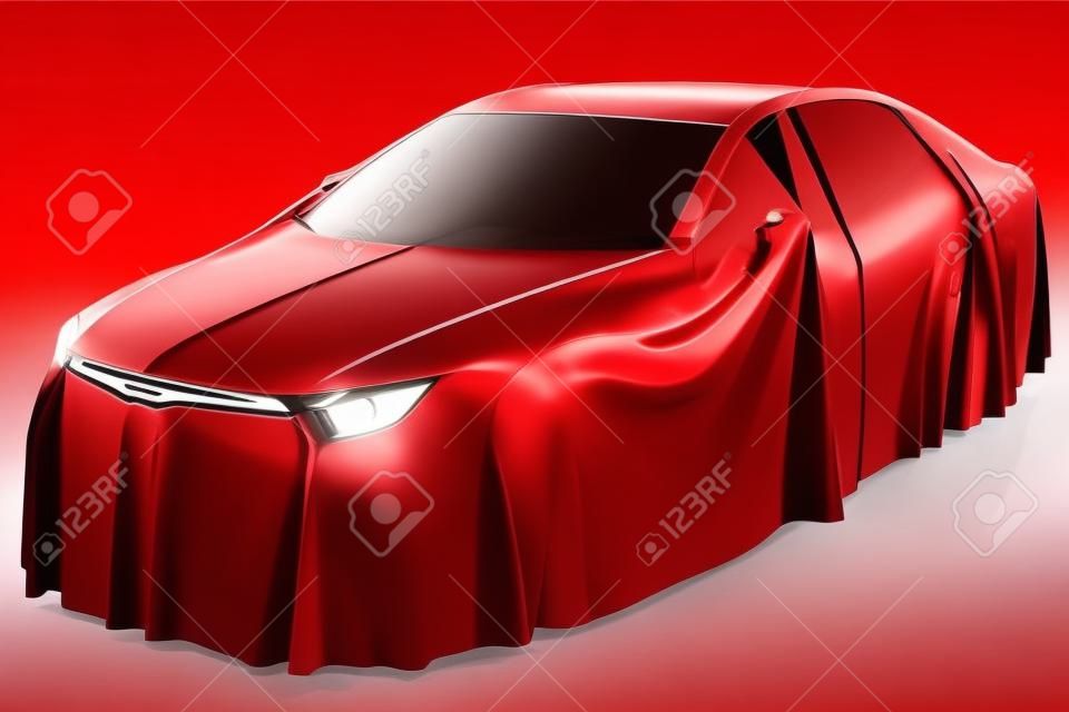 Presentation of the new car. Car covered with a red cloth.