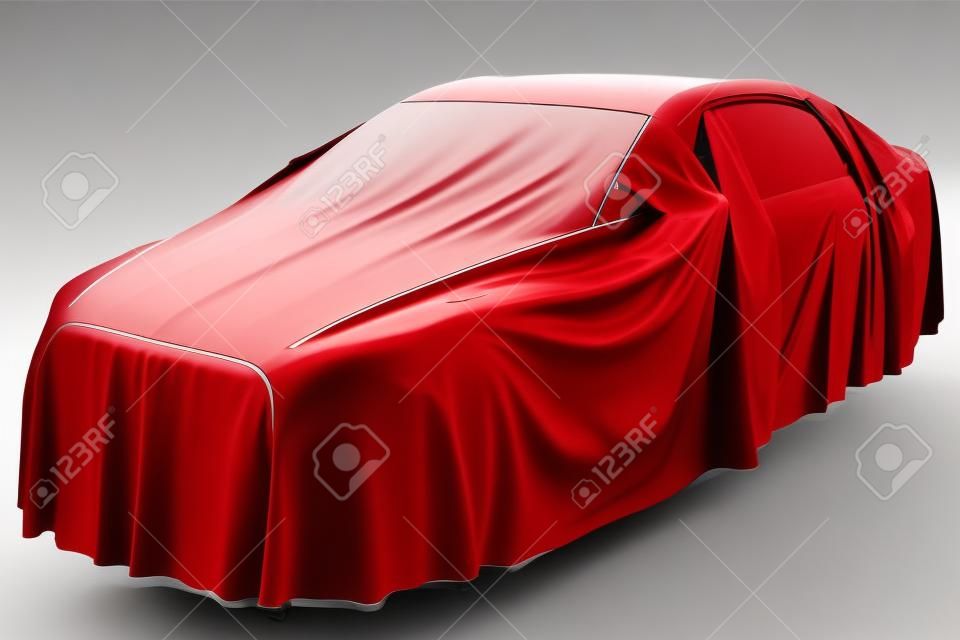 Presentatie van de nieuwe auto. Auto bedekt met een rode doek.