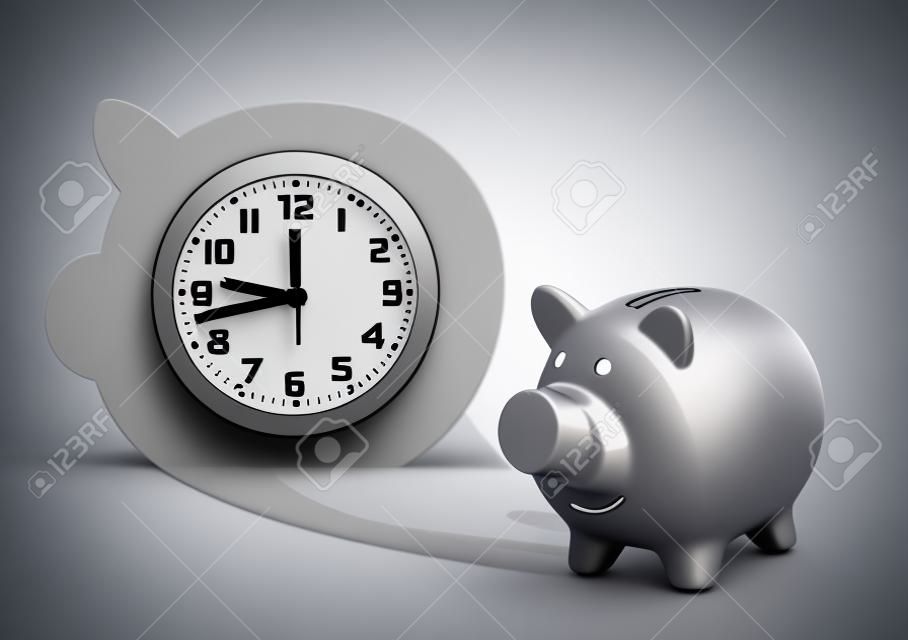 Zeit ist Geld Konzept, Sparschwein mit Uhr Schatten auf grau