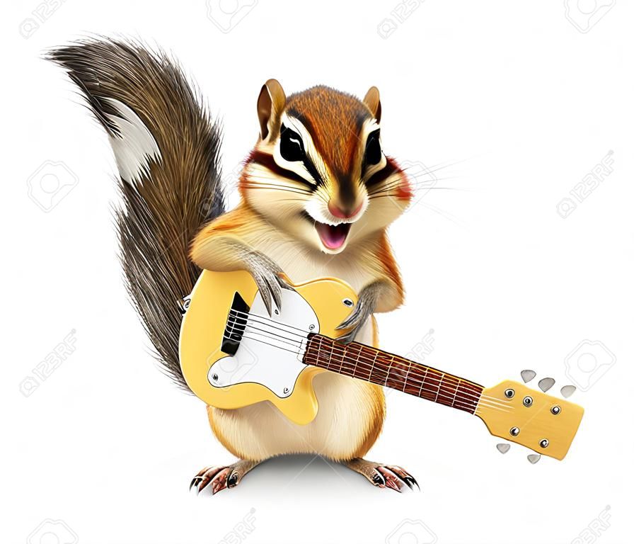 Funny animal chipmunk with guitar on white