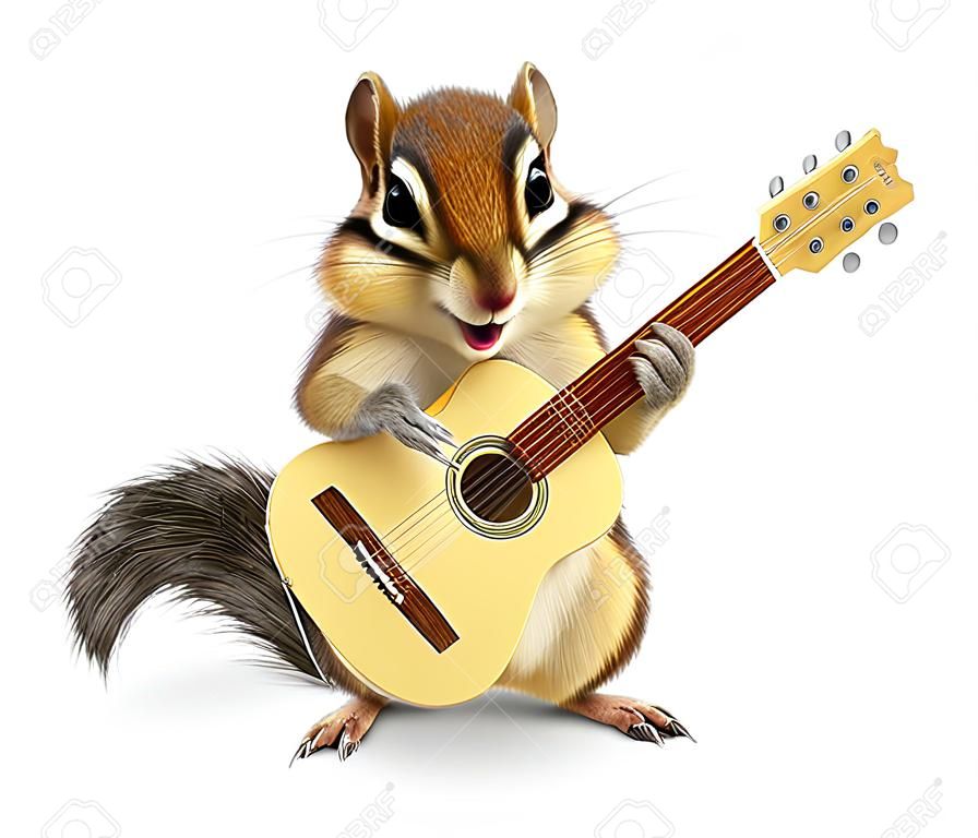 Funny animal chipmunk with guitar on white