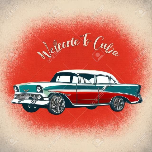 Ilustracja wektorowa Vintage - atrament rysunek retro samochód. Witamy na Kubie