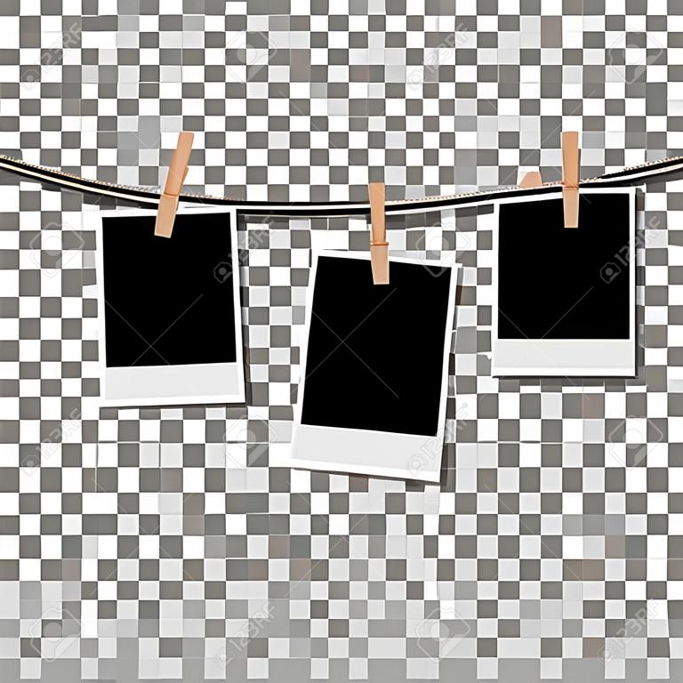 Photo frame hung on rope with clothespin on transparent background. Vector illustration.