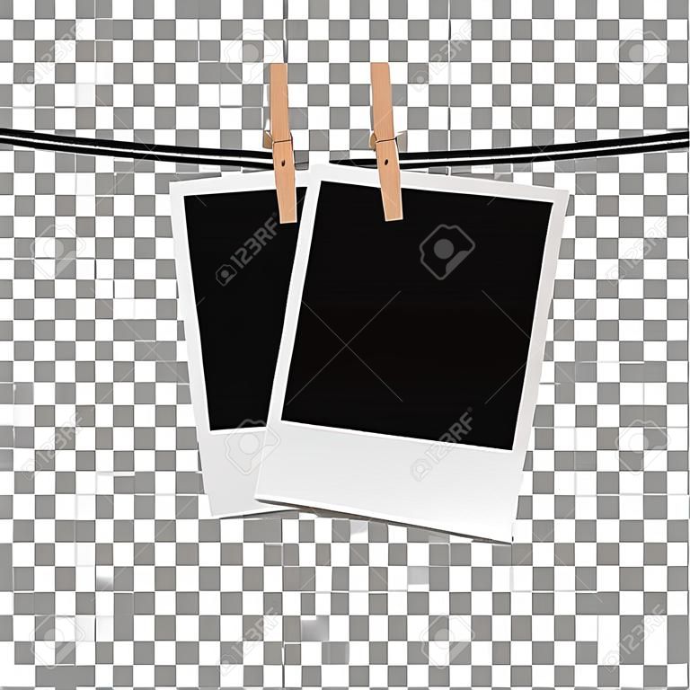 Photo frame hung on rope with clothespin on transparent background. Vector illustration.