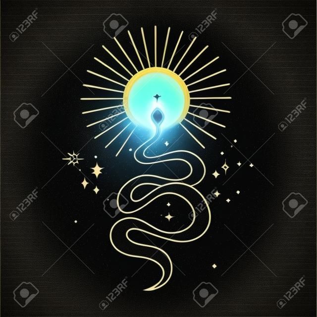 Alchemy esoteric mystical magic celestial talisman with snake, sun, stars sacred geometry isolated. Spiritual occultism object. Vector illustrations in black outline style