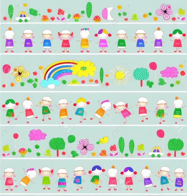 colorful pattern with children and cute nature elements, child like drawing style