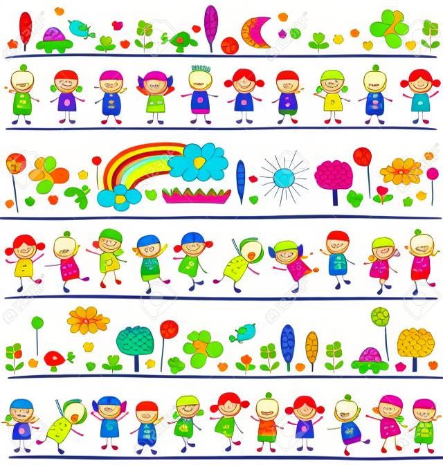 colorful pattern with children and cute nature elements, child like drawing style