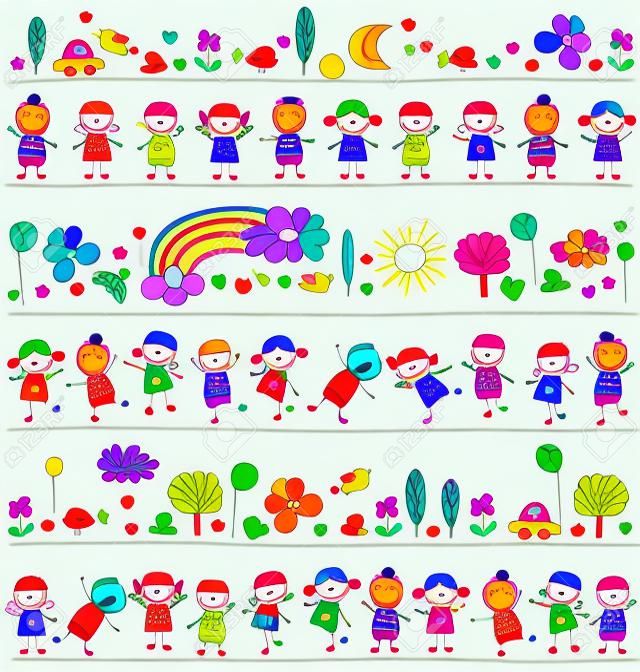 kleurrijk patroon met kinderen en leuke natuurelementen, kind als tekenstijl