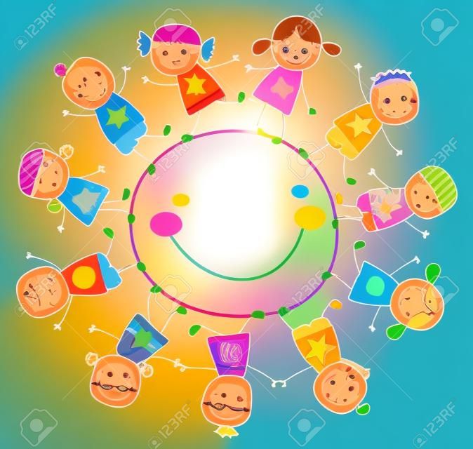 Счастливые дети, играющие вокруг Солнца