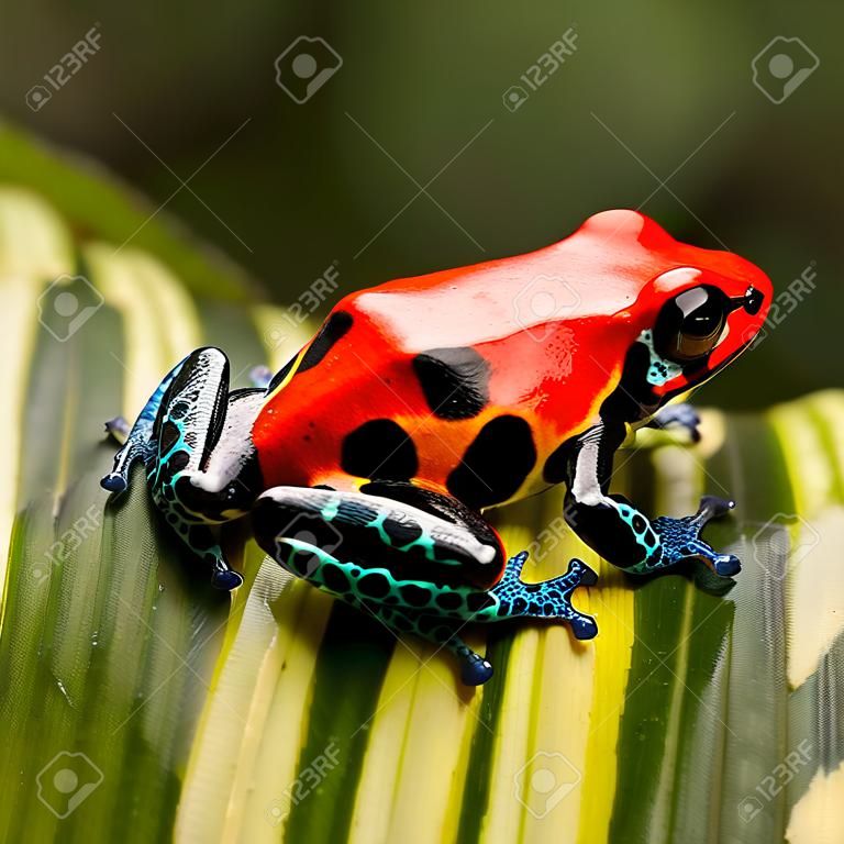 rojo venenoso rana dardo. Tropical anfibios de la selva Perú, un morfo rojo de Ranitomeya amazonica (Arena Blanca) Estos animales son a menudo mantenidos como mascotas exóticas en un terrario.