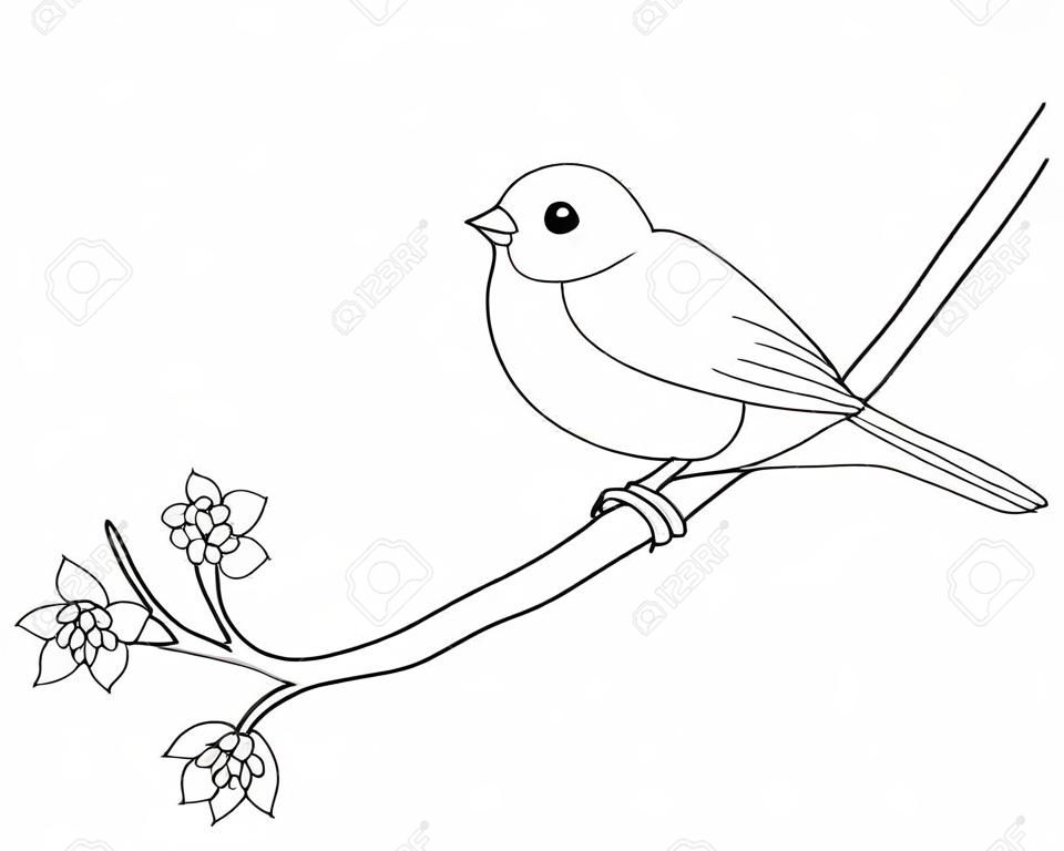 Mały ptaszek - wróbel siedzący na kwitnącej gałęzi - liniowy wektor wiosna obraz do kolorowania. Śliczny ptak na gałęzi z młodymi liśćmi i małymi kwiatkami. Zarys rysunek odręczny