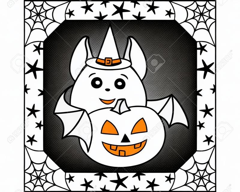Cute bat in a witch hat with a Halloween pumpkin in a square frame with cobwebs and stars - a vector linear picture for coloring. outline. Halloween coloring book for kids