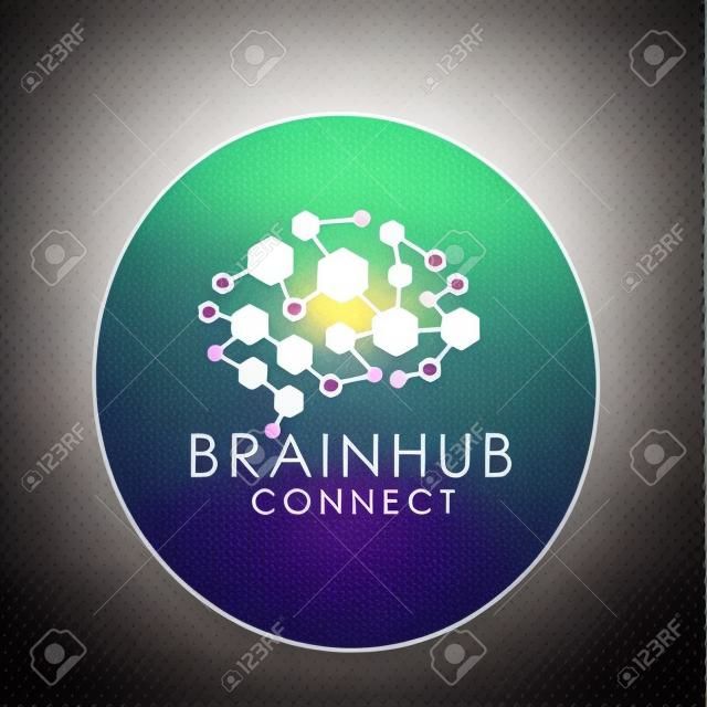 brain connection logo with hexagon. digital brain. brain hub logo design vector icon