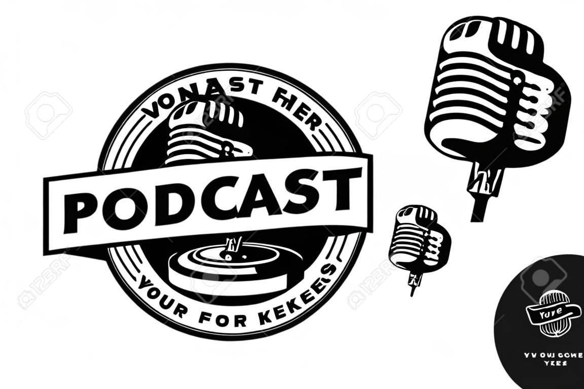Logo karaoke podcastu lub piosenkarza z mikrofonem retro i ikoną winylu.