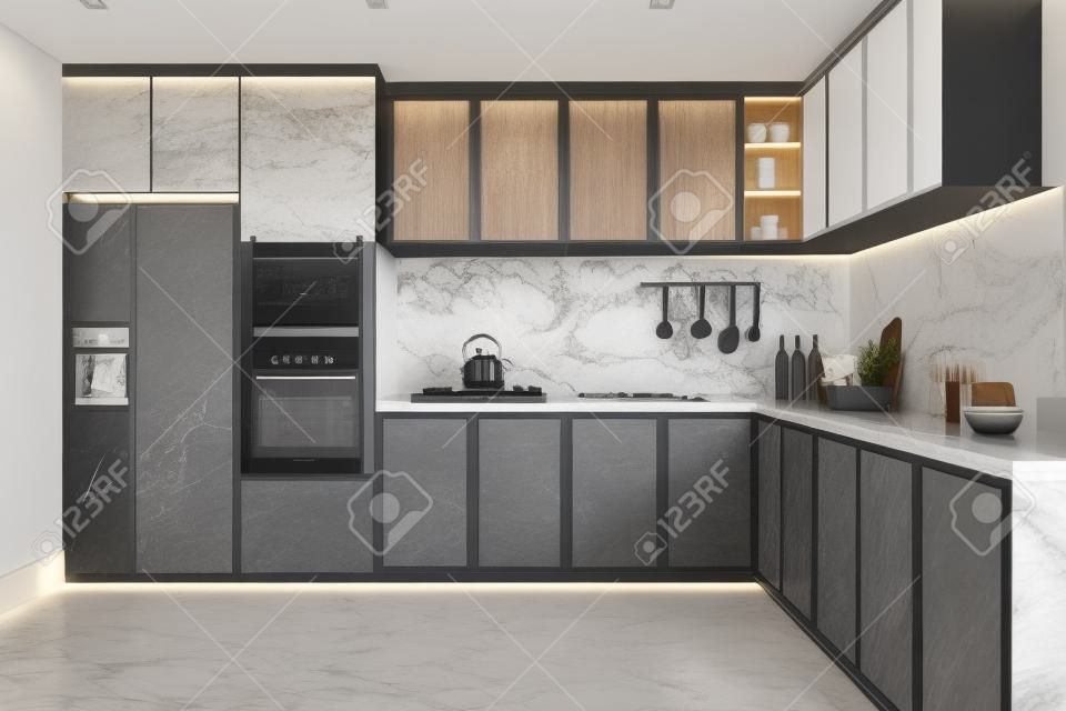 3d渲染美丽的现代厨房大理石装饰