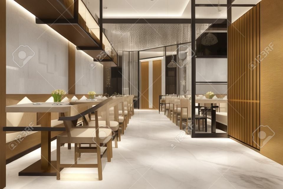 Representación 3d de loft de madera hotel de lujo recepción y cafetería salón restaurante