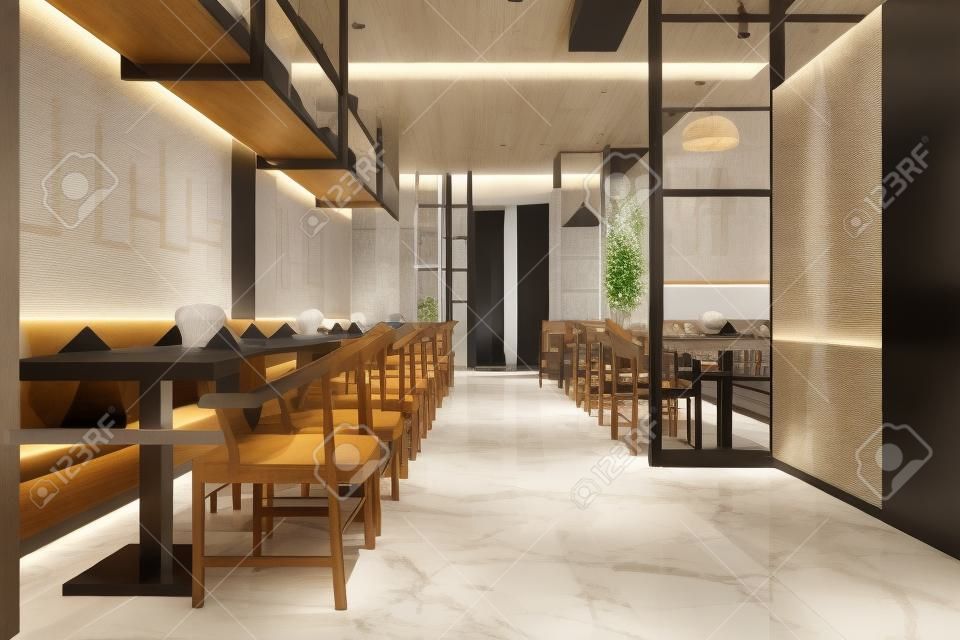 3d渲染閣樓木豪華酒店接待處和咖啡廳休息室餐廳