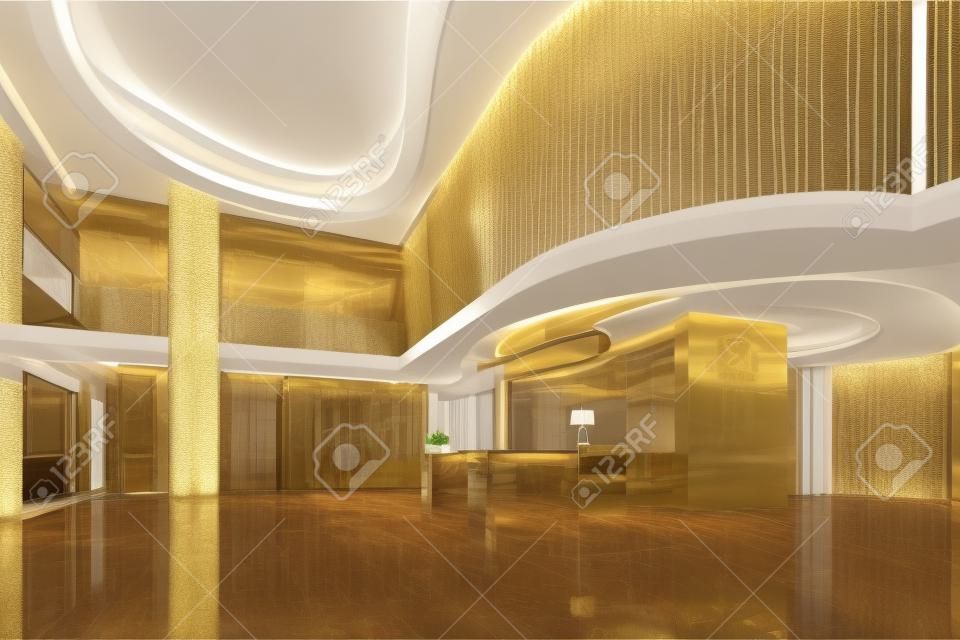 3Dレンダリングの壮大な高級ホテルのレセプションホールの入り口と階段付きのラウンジレストラン
