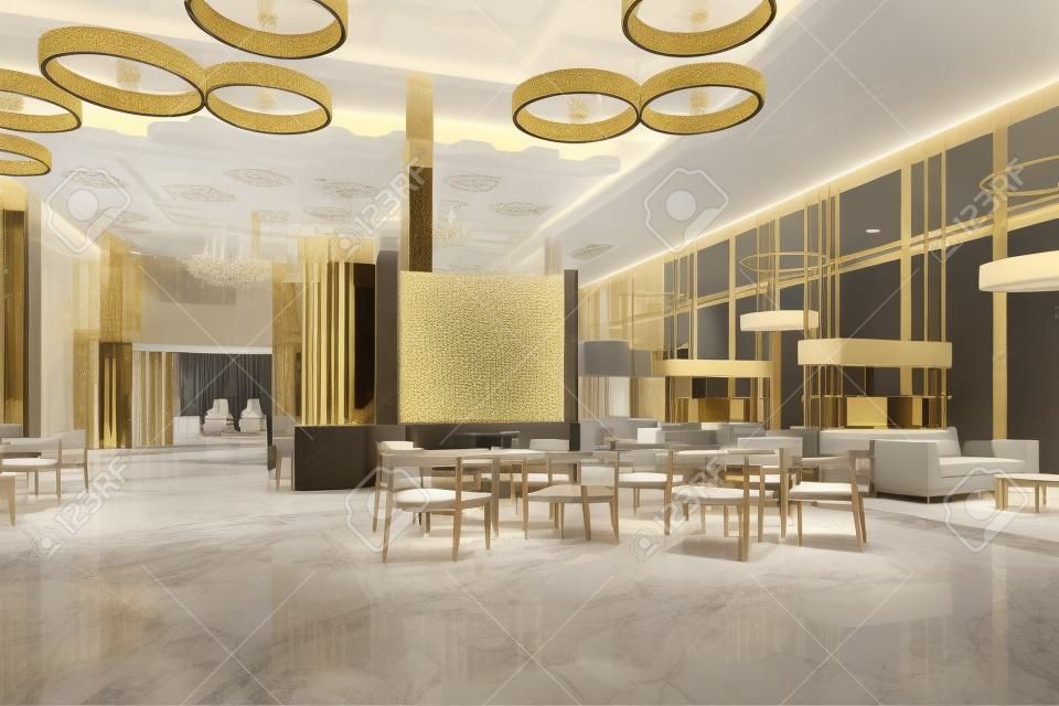 3d rendering grand luxury hotel reception hall entrance and lounge restaurant with high ceiling