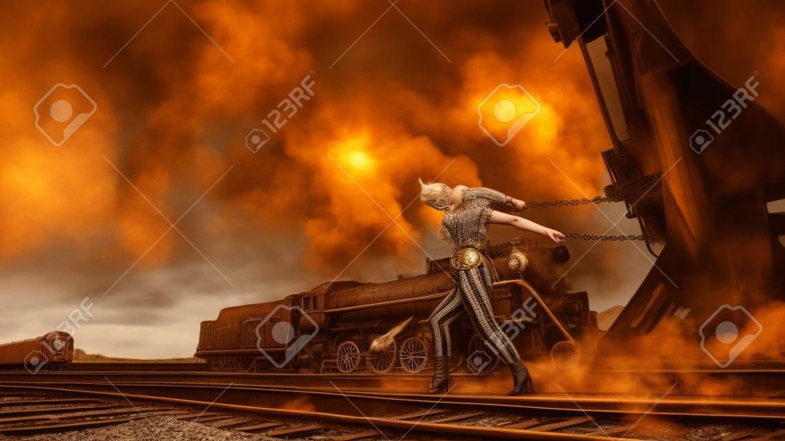 Mulher loira em roupas steampunk está puxando um trem retro. Outro trem no fundo.