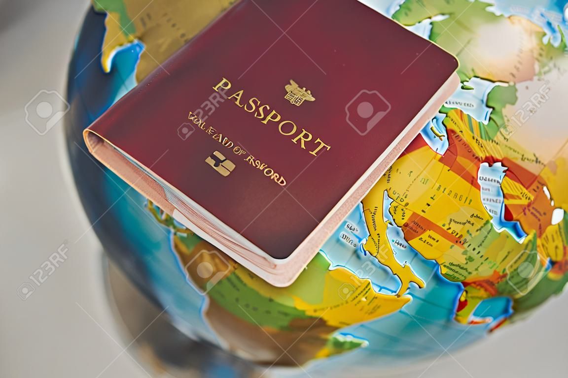 passaporto con mappa del mondo, concetto di viaggio. Il concetto di viaggi e viaggi all'estero. Passaporto rosso sullo sfondo del globo blu.