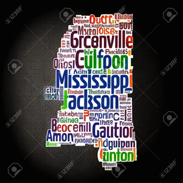 List of cities in Mississippi USA state, map silhouette word cloud map concept background
