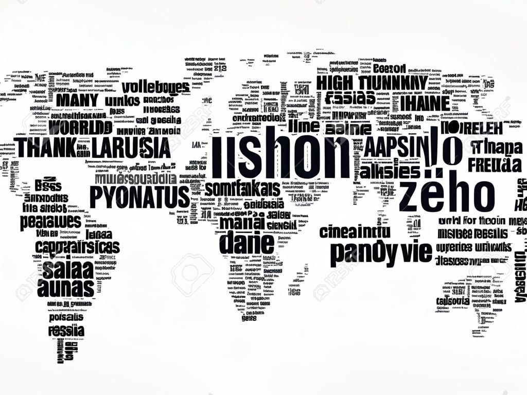 Dziękuję w wielu językach Mapa świata w typografii chmura wyrazów, wielojęzyczna dla edukacji lub dziękczynienia
