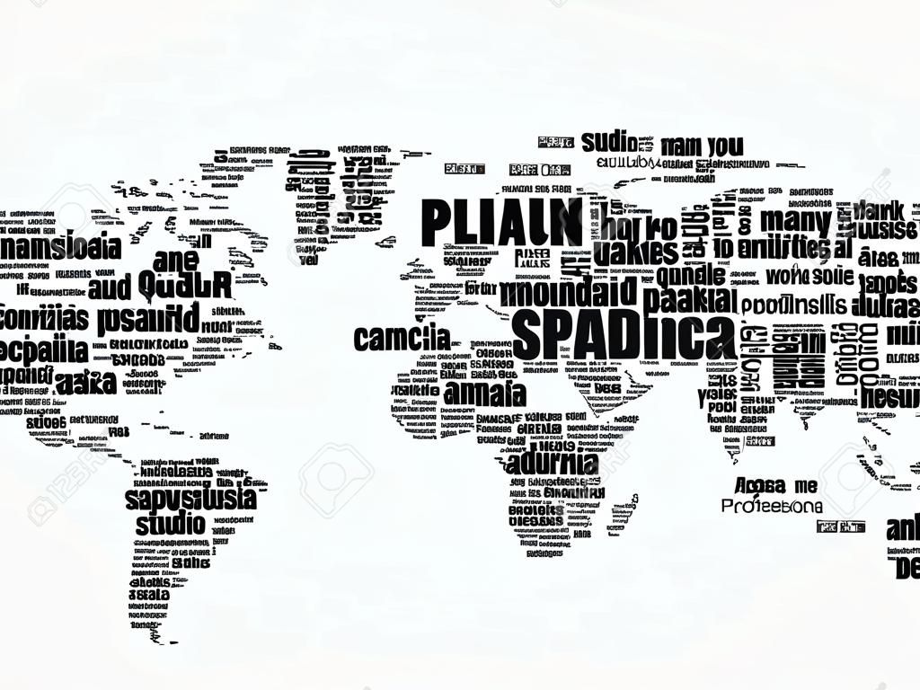 Grazie in molte lingue Mappa del mondo in tipografia word cloud, multilingue per l'istruzione o il giorno del ringraziamento