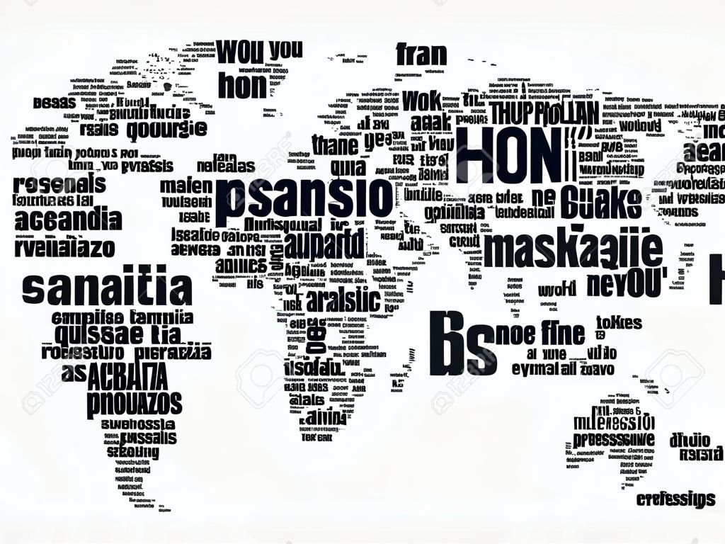 Gracias en muchos idiomas Mapamundi en tipografía nube de palabras, multilingüe para educación o día de acción de gracias