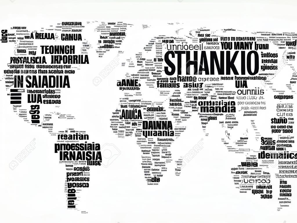 タイポグラフィの単語の雲、教育または感謝祭の日の多言語の世界地図の多くの言語にあなたに感謝