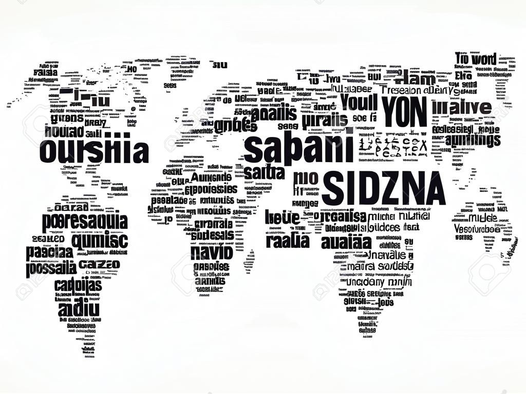 Grazie in molte lingue Mappa del mondo in tipografia word cloud, multilingue per l'istruzione o il giorno del ringraziamento
