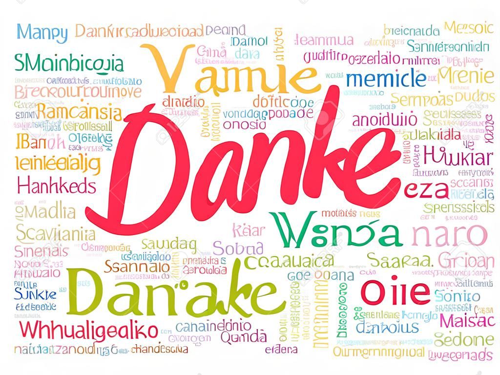 Danke (Danke auf Deutsch) Word Cloud Hintergrund, alle Sprachen, mehrsprachig für Bildung oder Thanksgiving Tag