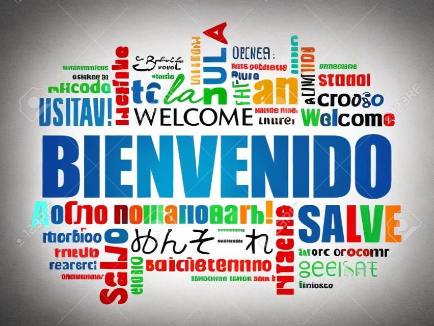 Bienvenido，欢迎使用西班牙语，用不同的语言，概念背景的文字云