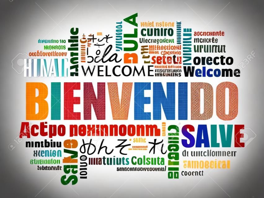 Bienvenido，欢迎使用西班牙语，用不同的语言，概念背景的文字云