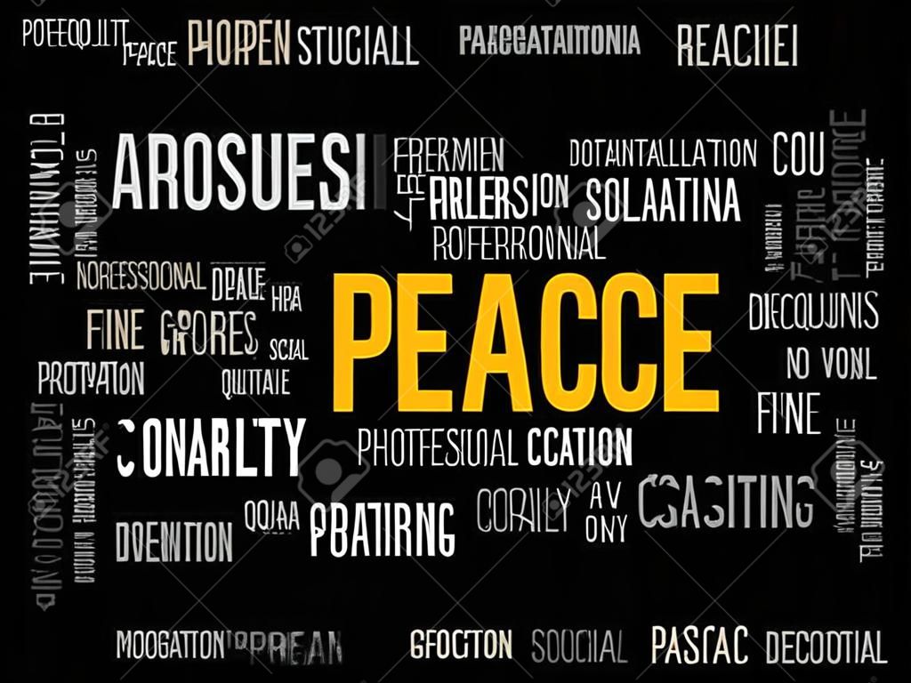 Collage di nuvole di parole di pace, sfondo di concetto sociale
