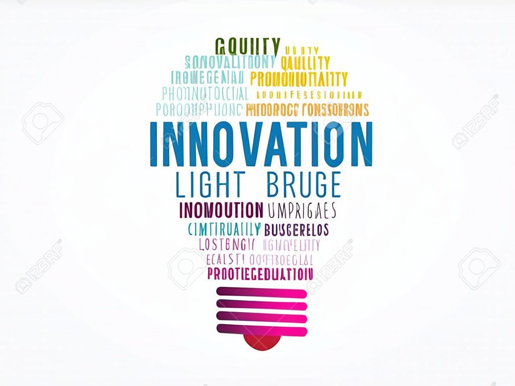 イノベーション電球ワードクラウド、ビジネスコンセプトの背景