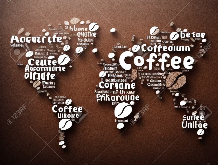 Coffee drinks word cloud in shape of World Map, concept background