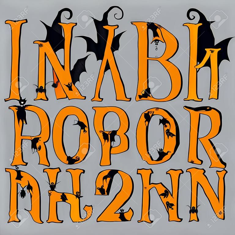 Spooky Halloween betűtípus betűvel, Halloween üdvözlőkártyák, EPS 10 átlátszóságot tartalmaz.