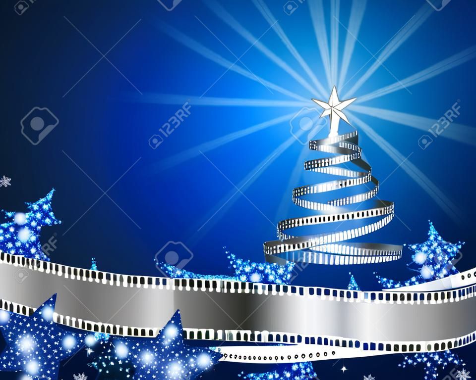 Pine tree made of filmstrip, Christmas and New year background, illustration for holiday season, postcard on the theme of the movie, EPS 10 contains transparency.
