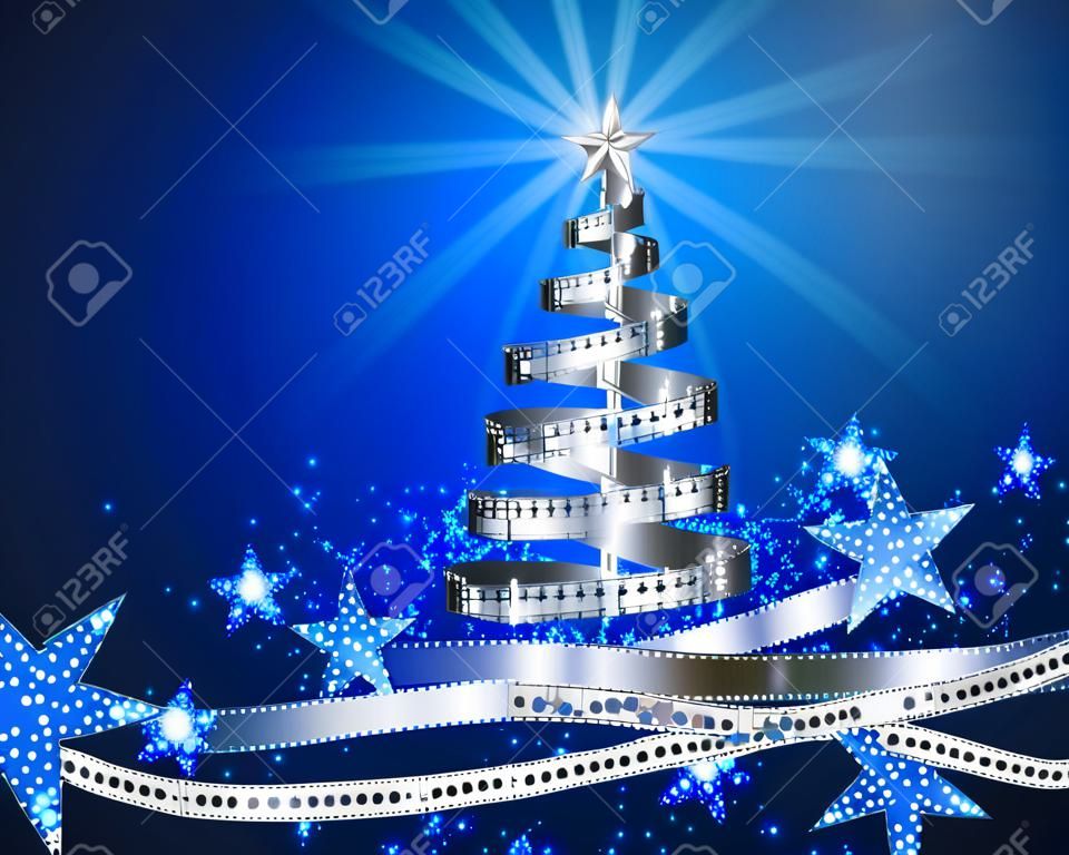 Pine tree made of filmstrip, Christmas and New year background, illustration for holiday season, postcard on the theme of the movie, EPS 10 contains transparency.