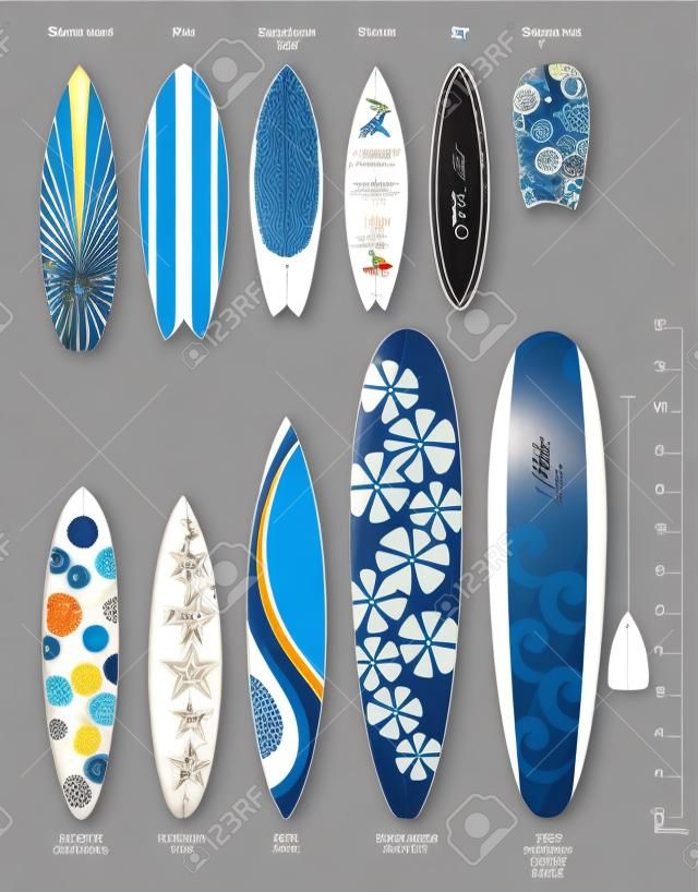 Zestaw desek surfingowych o oryginalnym designie i rozmiarze, z oznaczeniem każdego rodzaju deski surfingowej, eps 10 zawiera przezroczystość.
